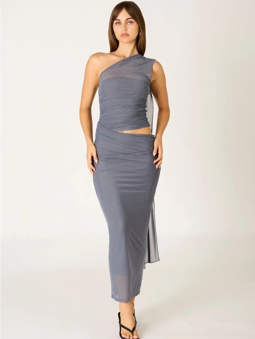 Cotton Candy One-Shoulder Gray Maxi Dress with Side Cutout Detail